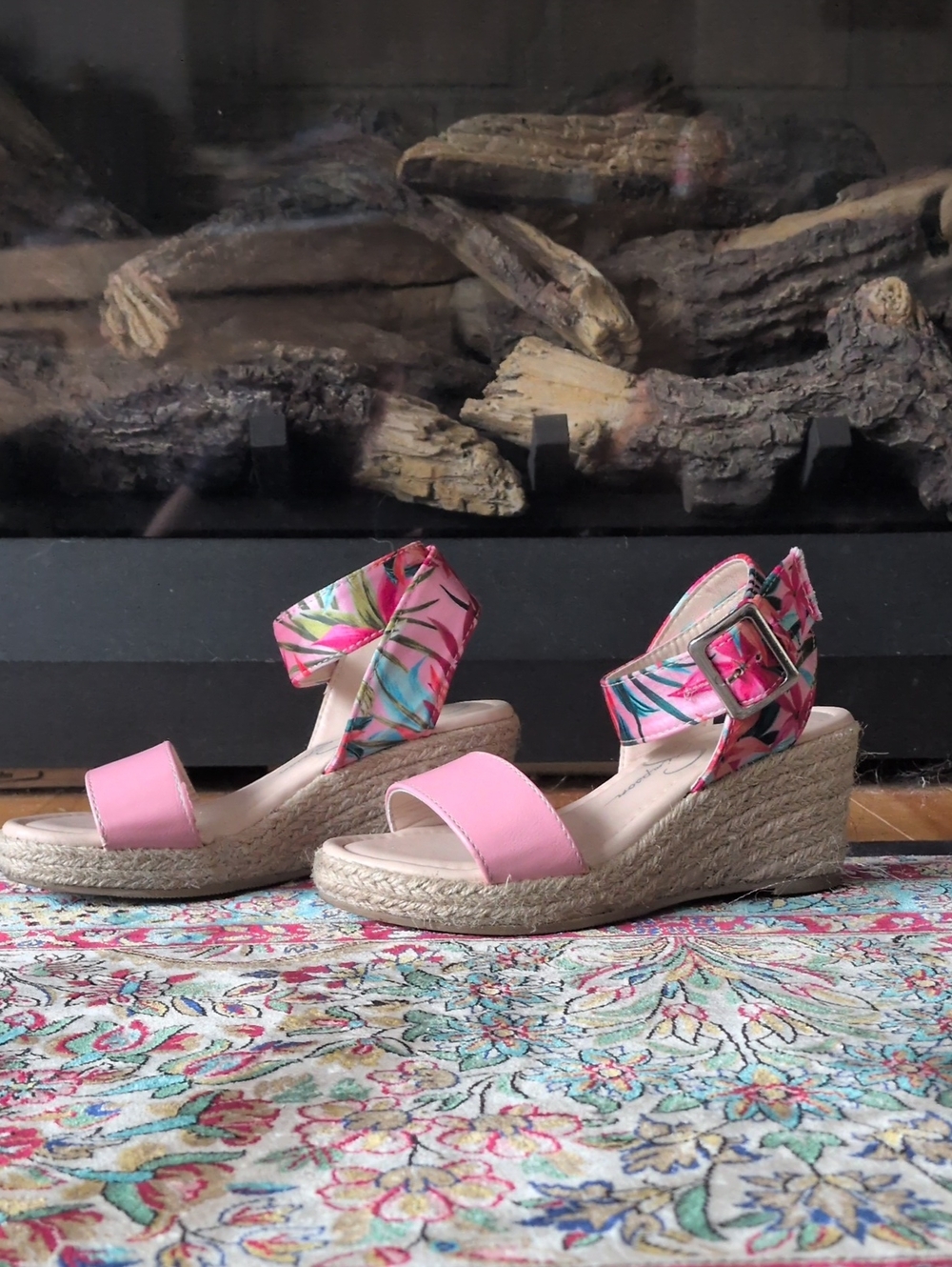 Jessica Simson Asha Cuff Pink Floral Espadrille Wedge Sandals - Girls